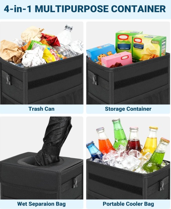 Capolo Car Trash Can with Lid, Leakproof Car Trash Bag Hanging Waterproof Automotive Garbage Can with Storage Pockets Mini Vehicle Trash Bin for Back and Front